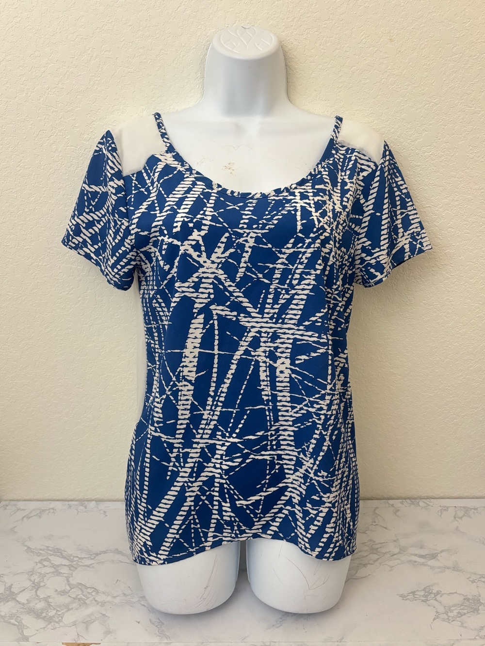L.O.T. Apparel Pullover Semi Sheer Top Women’s M Blue While Strappy Blouse